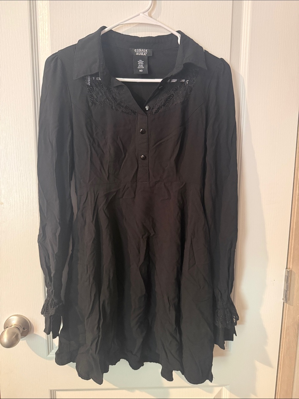 Cosmic Aura Black Long Sleeve Lace-Trim Dress